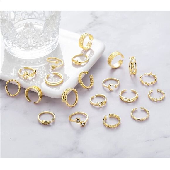 18K Yellow Gold Adjustable Boho Open Toe Rings - Set of 20 - Picture 6 of 10